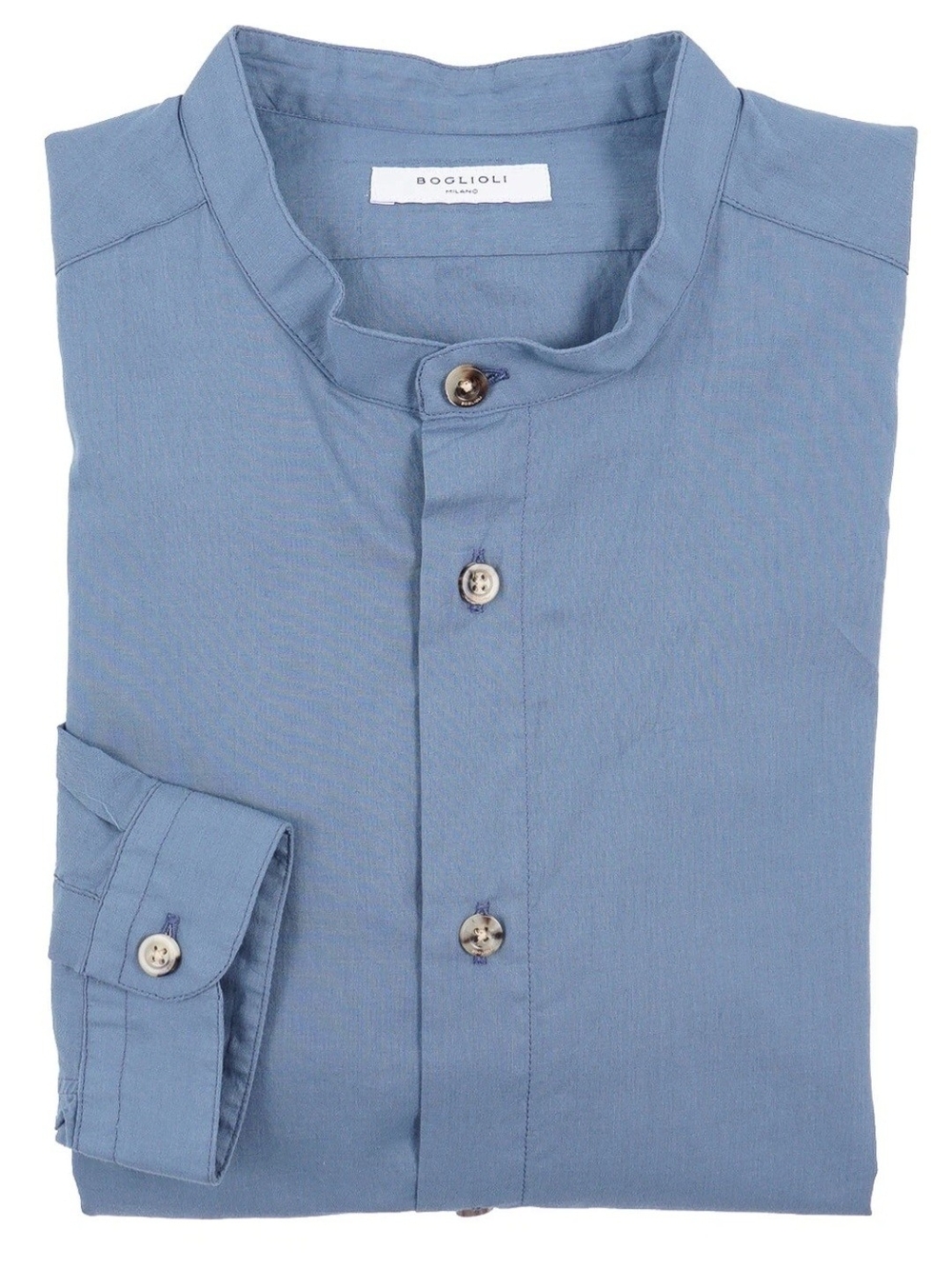 Boglioli Light Blue Cotton Band-Collar Dress Shirt